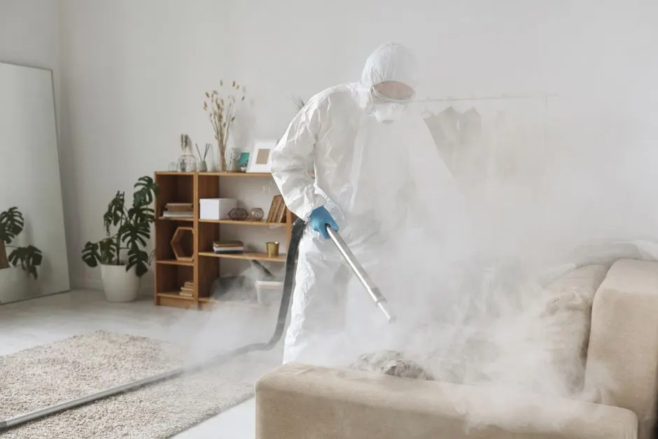 A person in PPE fumigates a living room for disinfection, ensuring safe environment.