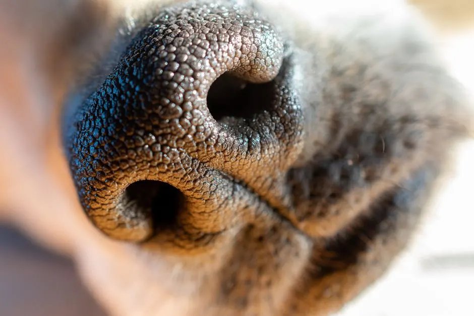 Detailed close-up of a dog's nose showcasing texture and detail in macrophotography.